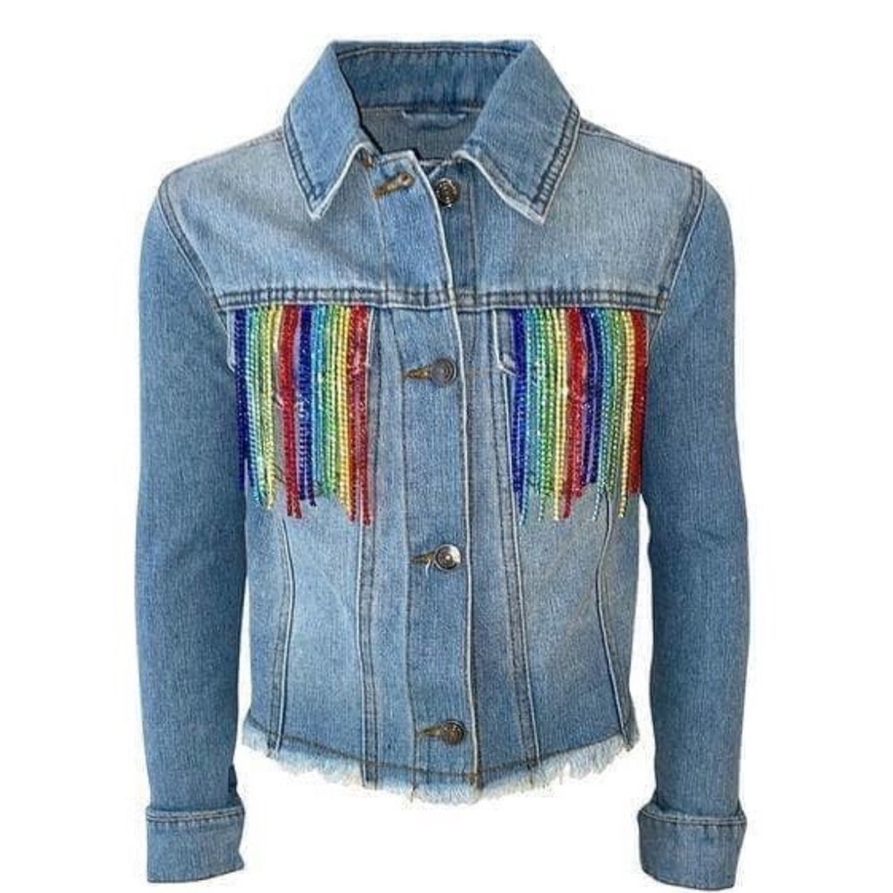 Lola and the Boys Crystal Rainbow Tassel Denim Jacket, Size 10